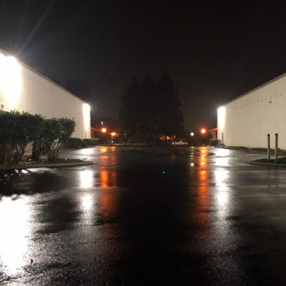100 Watt LED Wall Pack: installation view on exterior wall