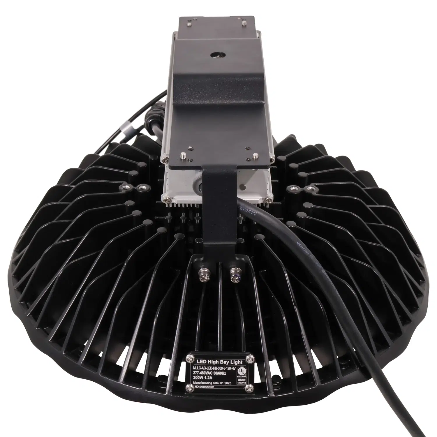 300 Watt UFO LED High Bay: side view with whip cord detail