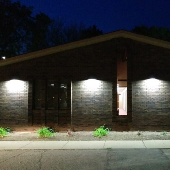 60 Watt LED Wall Pack: installation view on building exterior