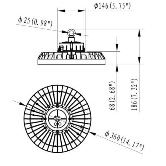 100 / 120 / 150 / 200 / 240 Watt Adjustable LED UFO High Bay: product dimensions