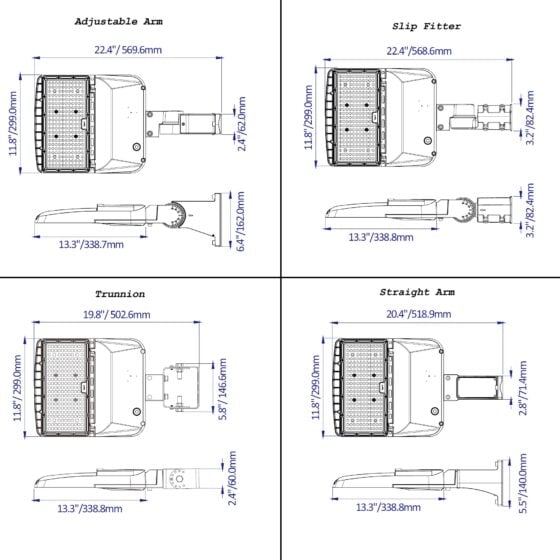 80 / 100 / 120 / 150 Watt Adjustable LED Shoebox: dimensions diagram