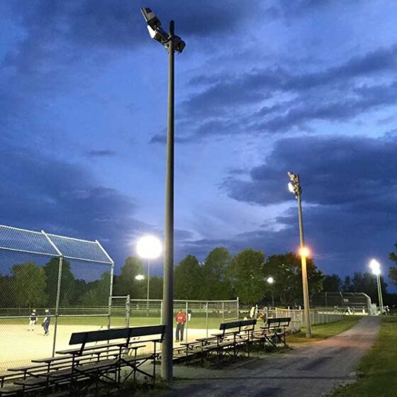 60 Foot Stadium Light Pole: dusk installation view highlighting pole silhouette
