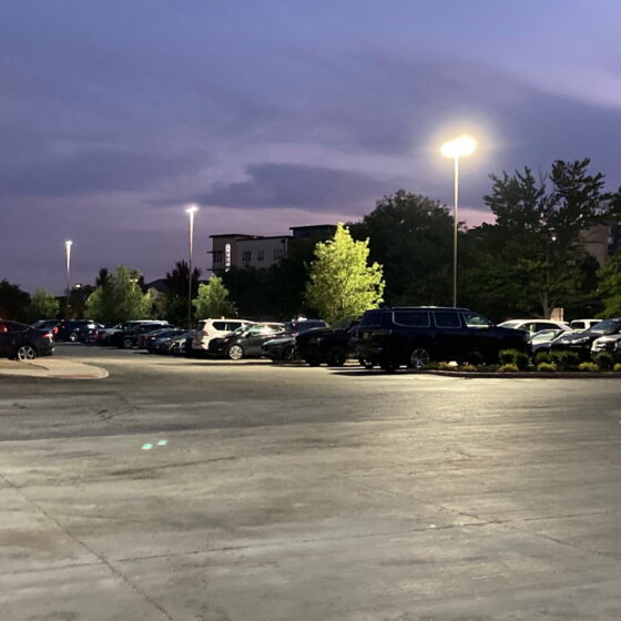 100 / 120 / 150 Watt Adjustable LED Shoebox Light: angled installation view