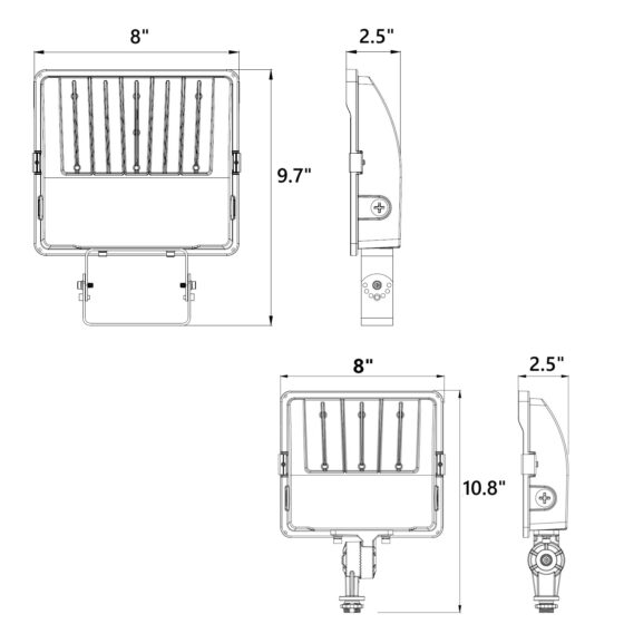 36 / 50 / 63 Watt Adjustable LED Flood Light: product dimensions illustration