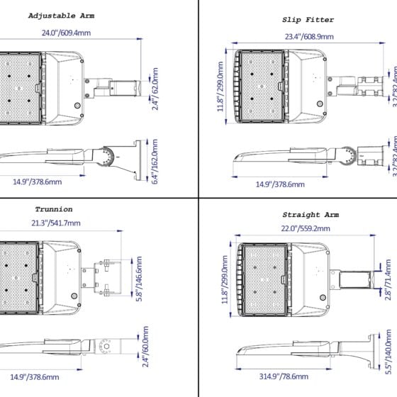 170 / 200 / 220 / 240 Watt Adjustable LED Shoebox: dimensions diagram