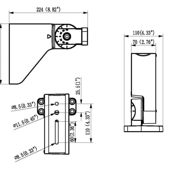 180 / 240 / 300 Watt Adjustable LED Shoebox Area Light: arm bracket dimensions