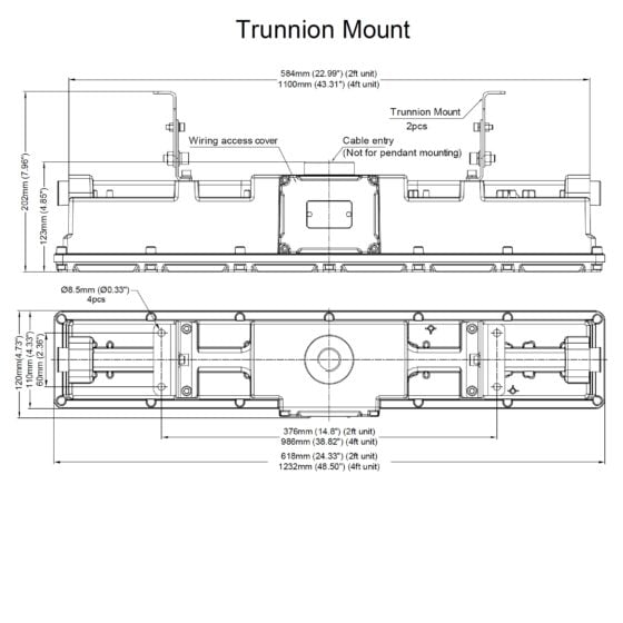 80 Watt 4 Foot Explosion Proof Linear LED Light: dimensions with trunnion mount