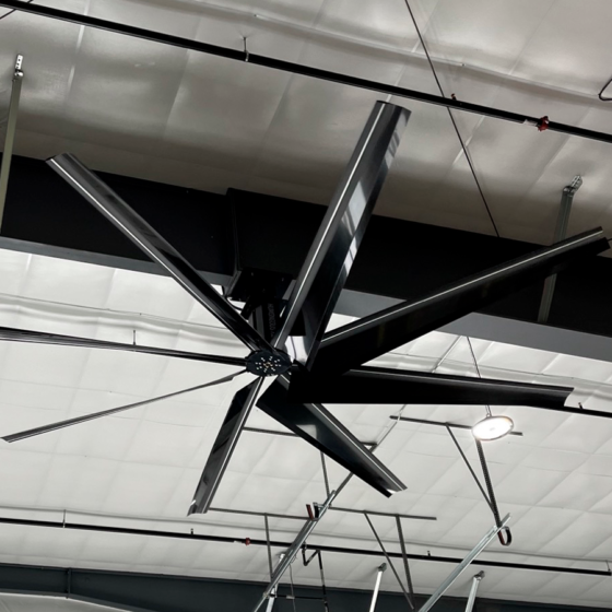 12 Foot HVLS Ceiling Fan: installed in a warehouse with black finish