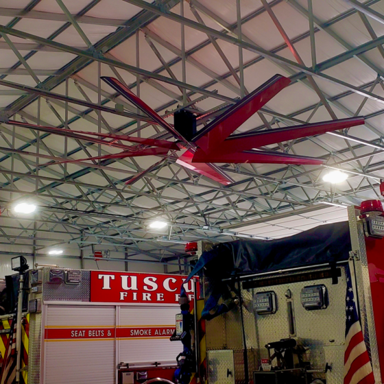 12 Foot HVLS Ceiling Fan: installed in a firehouse setting