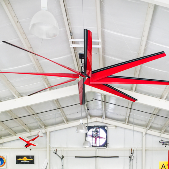 12 Foot HVLS Ceiling Fan: installed in an airplane hangar