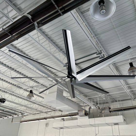 12 Foot HVLS Ceiling Fan: installed in a warehouse with white finish