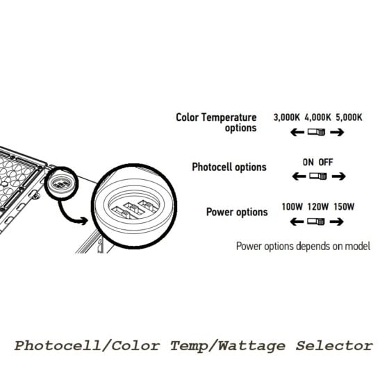 300 / 400 / 500 Watt Adjustable LED Parking Lot Light: photocell switch close-up