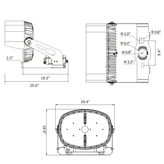 800 Watt LED Oval Sports Light: dimensions diagram