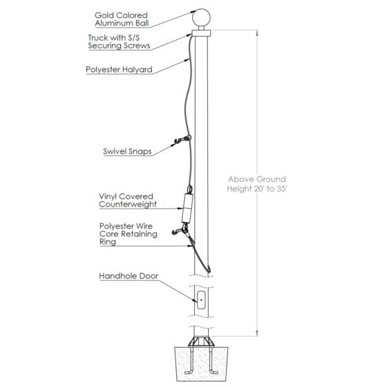 35 Foot Fiberglass Flag Pole: product dimensions illustration