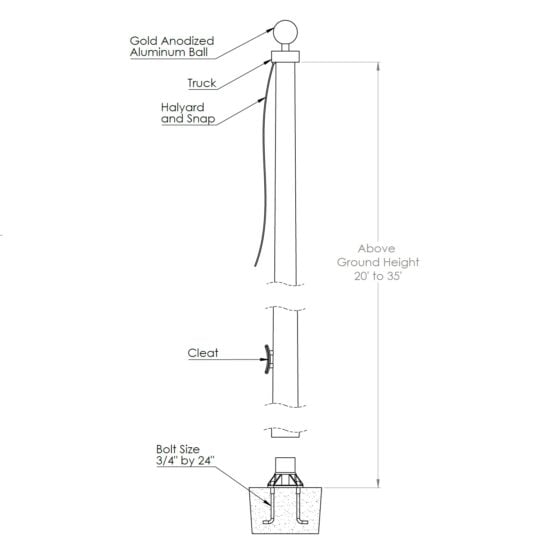 35 Foot Fiberglass Flag Pole: product dimensions illustration