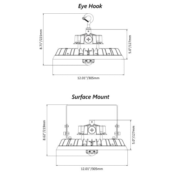 150 / 200 / 240 Watt Adjustable LED UFO High Bay: product dimensions illustration