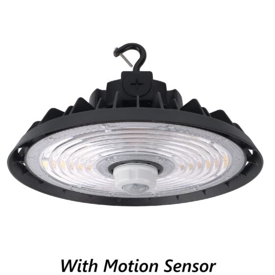 150 / 200 / 240 Watt Adjustable LED UFO High Bay: product view with motion sensor installed