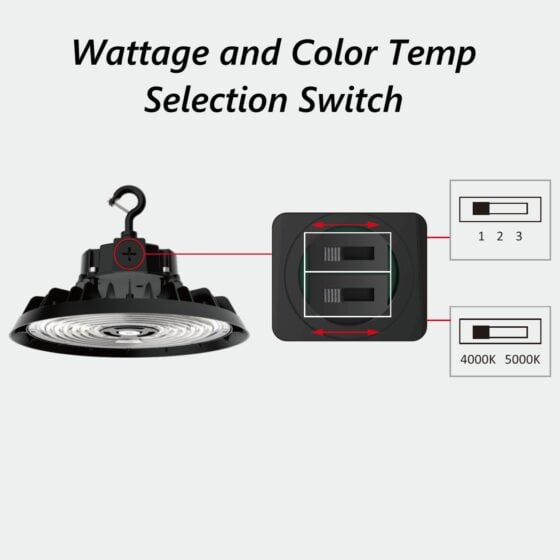 200 / 240 / 320 Watt Adjustable LED UFO High Bay: wattage and color temp selection switch