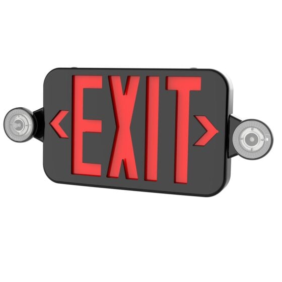 5 Watt Emergency Light and Exit Sign: front view with black housing and red lettering