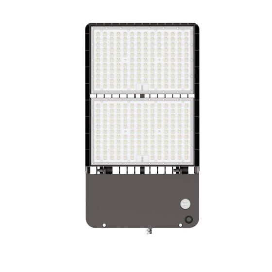 300 / 350 / 400 / 450 / 500 Watt Adjustable LED Shoebox Area Light: side view highlighting polycarbonate lens