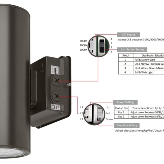 19 / 31 / 38 Watt Adjustable LED Outdoor Wall Sconce: dip settings view