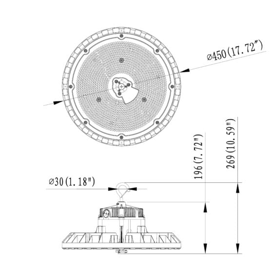 300 / 400 / 500 Watt Adjustable UFO LED High Bay: dimension drawing
