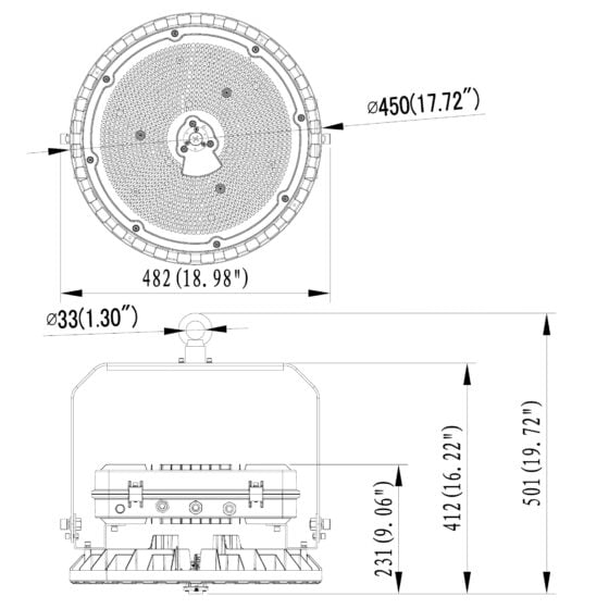 250 / 375 / 500 Watt Adjustable UFO LED High Bay: product dimensions diagram