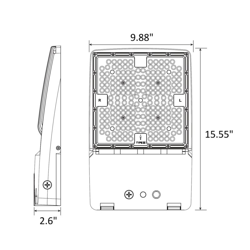 80 / 100 / 150 Watt Adjustable LED Shoebox Area Light: product dimensions illustration