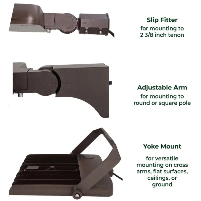 360 / 480 / 600 Watt Adjustable LED Area Light: mounting types graphic