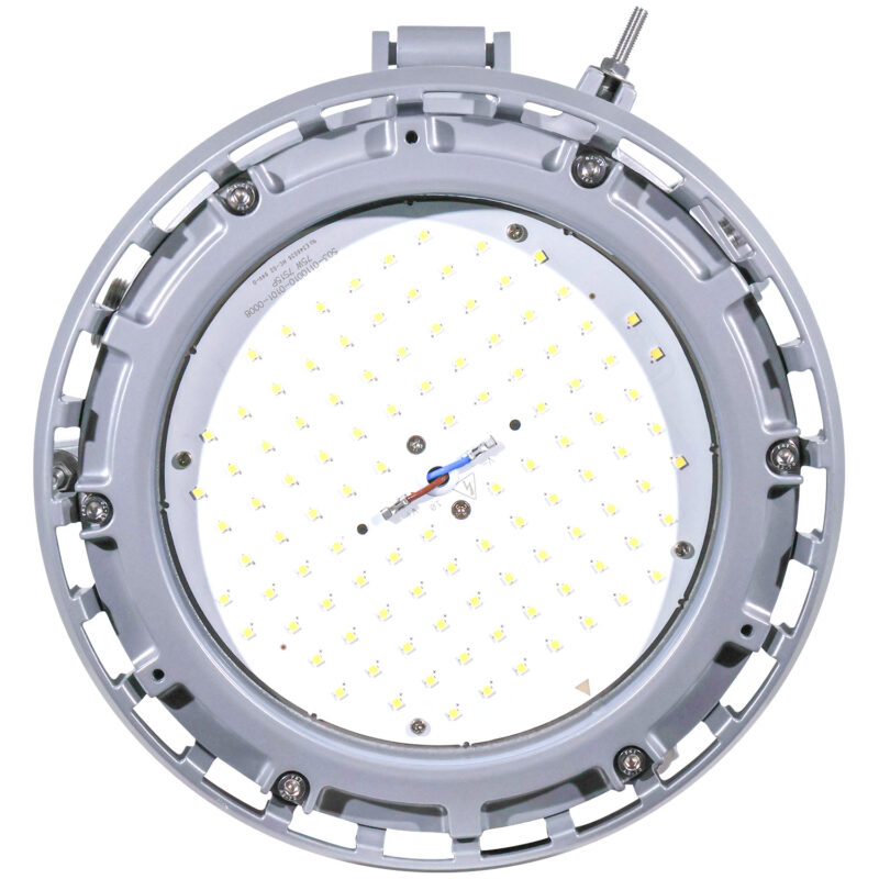 30 / 53 / 75 Watt Adjustable Round Explosion Proof LED Light: angled lens view