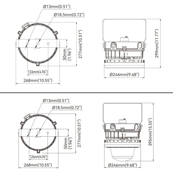 30 / 53 / 75 Watt Adjustable Round Explosion Proof LED Light: dimensions view