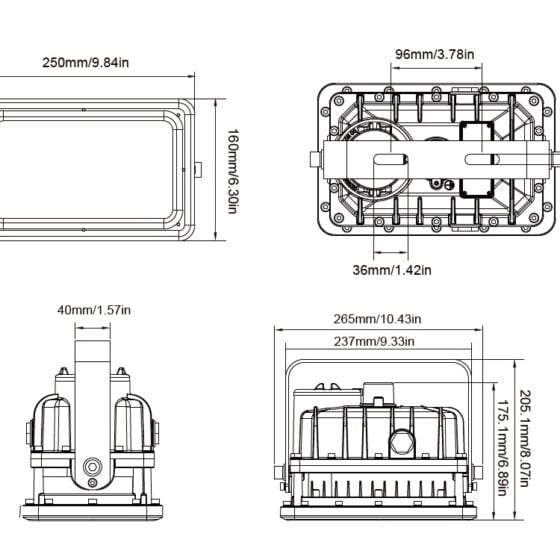 40 / 60 / 80 Watt Adjustable Square Explosion Proof LED Light: dimensions diagram