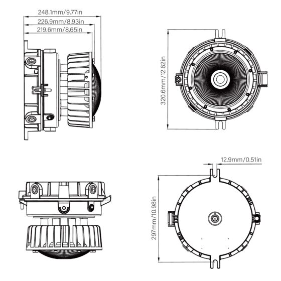 60 / 80 / 100 Watt Adjustable Round Explosion Proof LED Light: product dimensions view