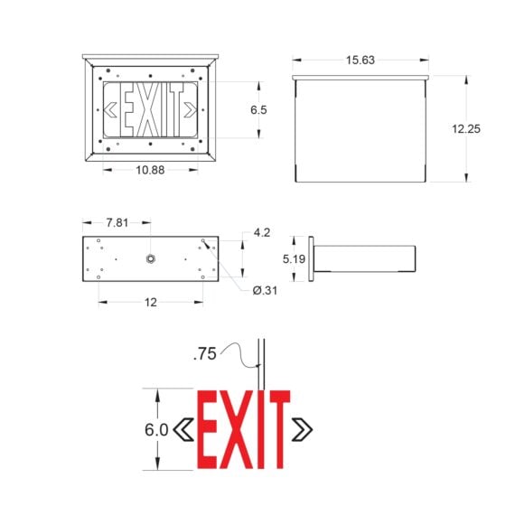Detention Grade LED Exit Sign Top Mount: dimensional drawing