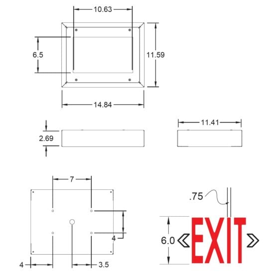 Detention Grade LED Exit Sign Surface Wall Mount: dimensions diagram