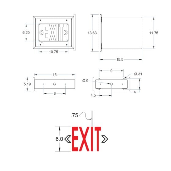 Detention Grade LED Exit Sign Top, Surface or Wall Mount: universal mount product view